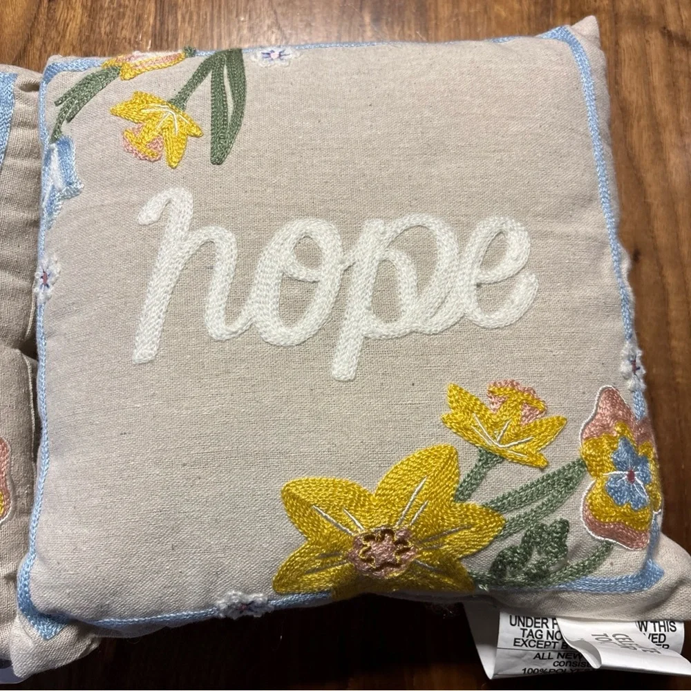 2 Celebrate Together Linen Throw Pillows Embroidery Faith, Hope Spring Flowers